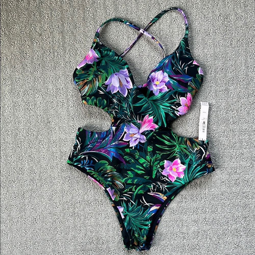 Victorias Secret One Piece Swimsuit Cut Out Sides Tie Back Black Floral Size XS